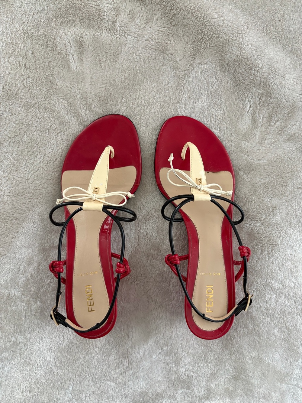 Fendi Red, Cream & Black Leather Toe-Ring Sandals